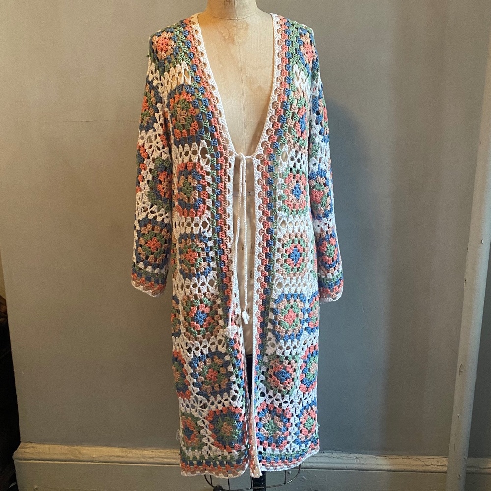Long Cotton Open Crochet Multicolored Blanket Cardigan Coverup M/L